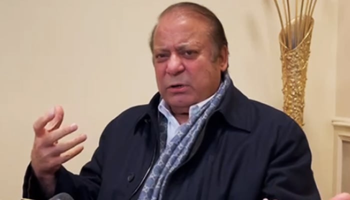 Former prime minister Nawaz Sharif addresses a press conference in London, on March 31, 2023, in this still taken from a video. — Author