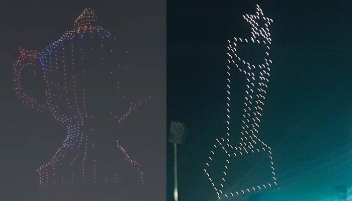 Indian Premier League trophy (left) and Pakistan Super Leagues trophies (R) are being shownwith the help of drone LED technology. — Twitter/waraich____