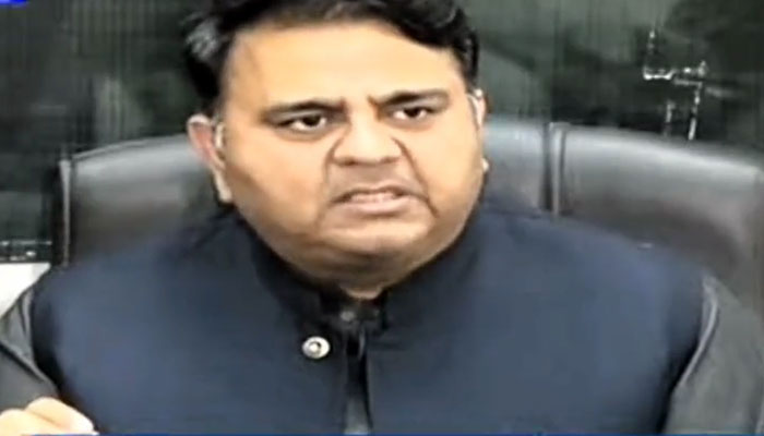 Pakistan Tehreek-e-Insaf Senior Vice-President Fawad Chaudhry addressing a property   league  connected  March 31, 2023. Screengrab of a Twitter.
