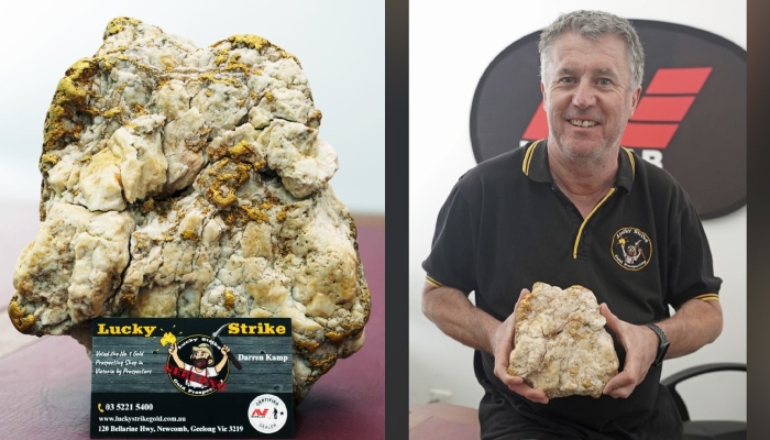 The picture shows Darren Kamp, the shop owner of the prospecting store Lucky Strike Gold, with the gold nugget. —Lucky Strike Gold