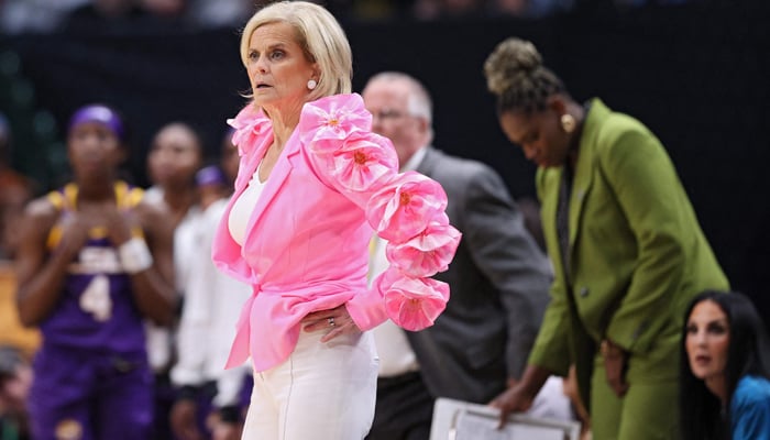 Head coach Kim Mulkey of the LSU Lady Tigers is seen during the third quarter against the Virginia Tech Hokies during the 2023 NCAA Womens Basketball Tournament Final Four semifinal game at American Airlines Center on March 31, 2023, in Dallas, Texas. — AFP