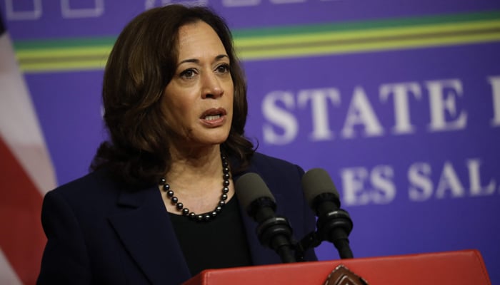 US Vice President Kamala Harris addresses a news conference following her meetings with Tanzanian President Samia Suluhu Hassan in Dar es Salaam, Tanzania, on March 30, 2023. — AFP