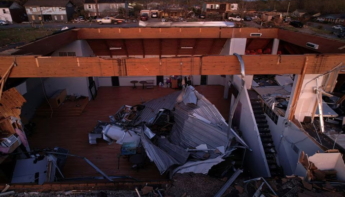 An aerial view of a damaged building in the aftermath of a tornado, after a monster storm system tore through the South and Midwest on Friday in Little Rock, Arkansas, US April 1, 2023. — Reuters