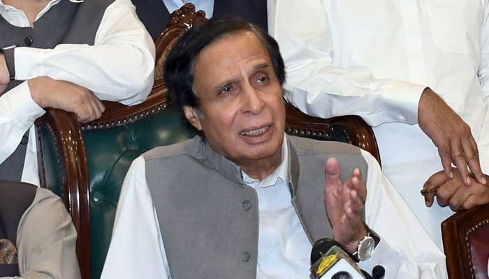 Chaudhry Parvez Elahi addresses a press conference at the Punjab Assembly in Lahore on April 28, 2022. — Online