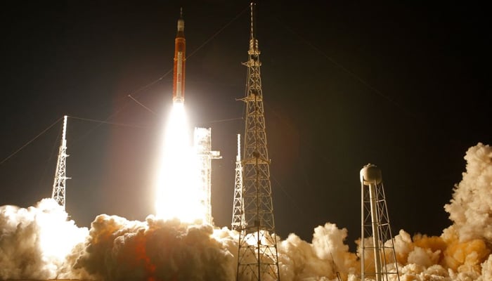 NASAs next-generation moon rocket, the Space Launch System (SLS) rocket with the Orion crew capsule, lifts off from launch complex 39-B on the unmanned Artemis I mission to the moon at Cape Canaveral, Florida, US on November 16, 2022. — Reuters