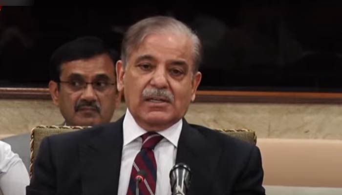 Prime Minister Shehbaz Sharif addresses the parliamentary meeting at the Parliament House in Islamabad on April 3, 2023. — YouTube/PTVNews/Screengrab