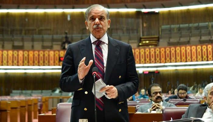 Prime Minister Shehbaz Sharif speaks during a National Assembly session in Islamabad, on April 3, 2023. — APP