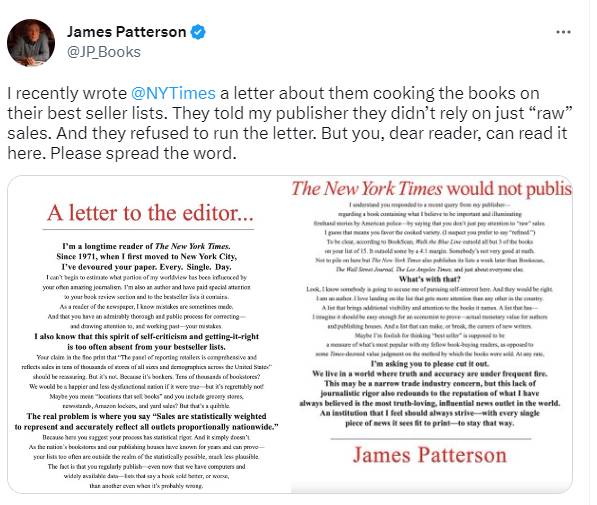James Patterson calls out New York Times over bestseller list