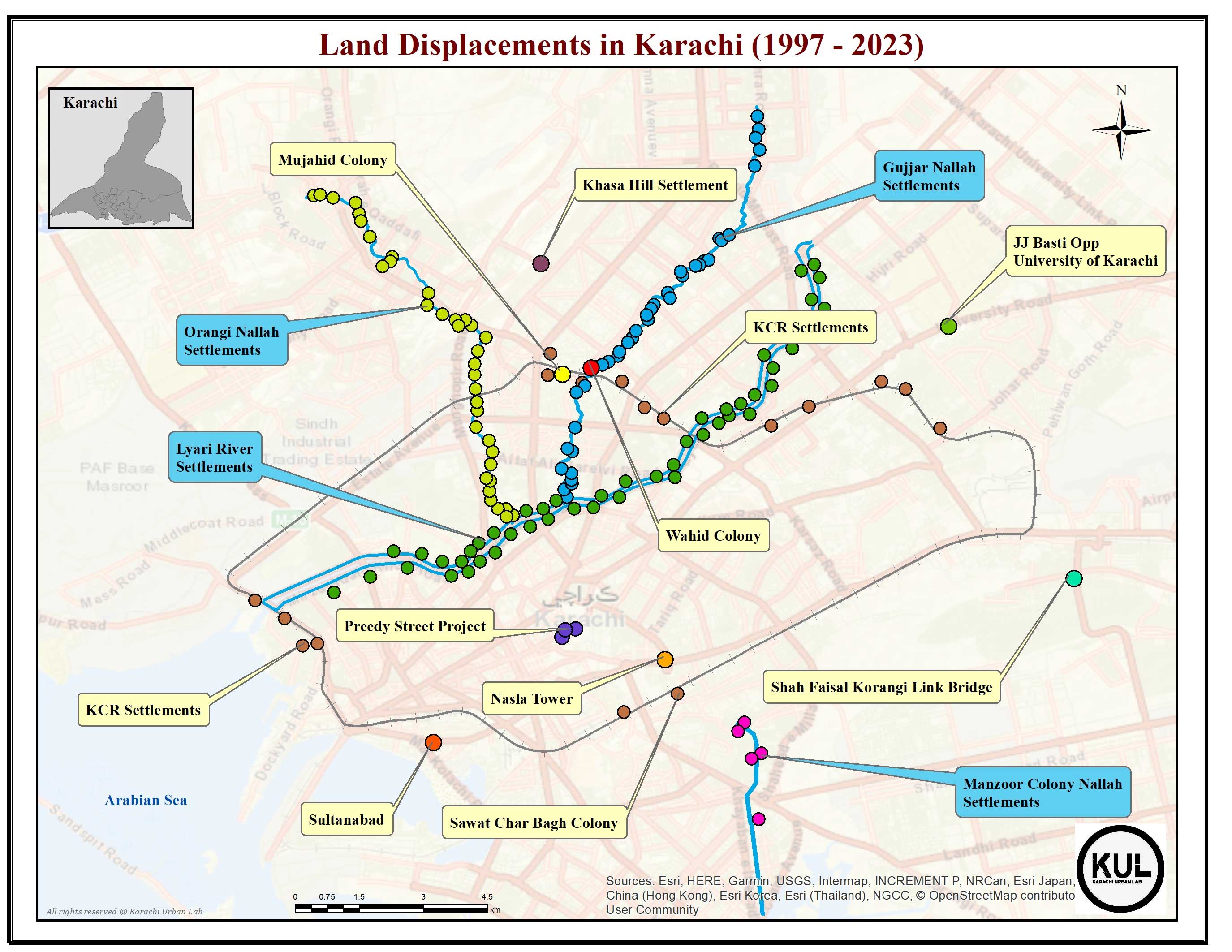 Map depicting land displacements in Karachi from 1997 to 2023. — Muhammad Toheed