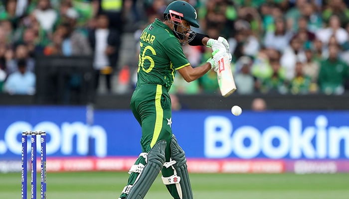 Pakistans Captain Babar Azam plays a shot during the ICC mens T20 World Cup 2022 cricket final match between England and Pakistan at the Melbourne Cricket Ground (MCG) on November 13, 2022 in Melbourne. — AFP