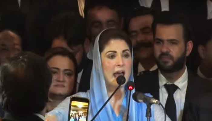 Pakistan Muslim League-Nawaz (PML-N) Senior Vice-President Maryam Nawaz addressing a Lawyers Convention in Rawalpindi on April 5, 2023. — YouTube screengrab/Hum News