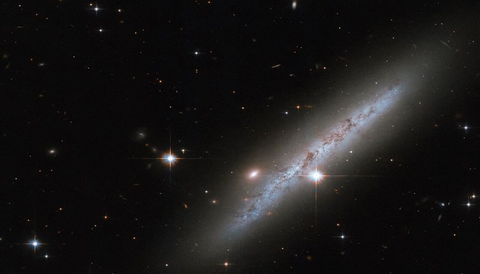 The somewhat amorphous spiral galaxy UGC 2890 appears side-on in this image from the Hubble Space Telescope, with bright foreground stars studding the image. This galaxy, which lies around 30 million light-years away in the constellation Camelopardalis, hosted a powerful supernova explosion that astronomers observed in 2009. — ESA/Hubble & Nasa/File