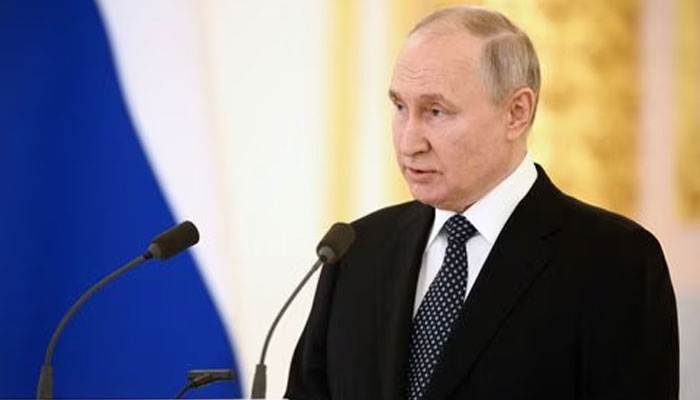 Russian President Vladimir Putin delivers a speech during a ceremony to receive diplomatic credentials from newly appointed foreign ambassadors at the Kremlin in Moscow, Russia, April 5, 2023,—Reuters