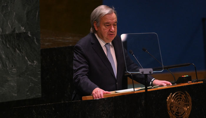 UN secretary general Antonio Guterres speaks prior to a vote on a resolution aimed at fighting global warming, at the general assembly hall of the United Nations (UN) headquarters in New York on March 29, 2023. — AFP