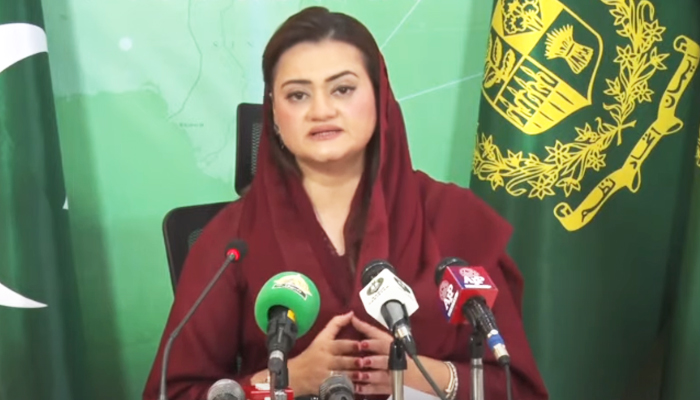 Minister for Information and Broadcasting Marriyum Aurangzeb addressing a press conference in Islamabad, on April 7, 2023, in this still taken from a video. — YouTube/PTVNewsLive