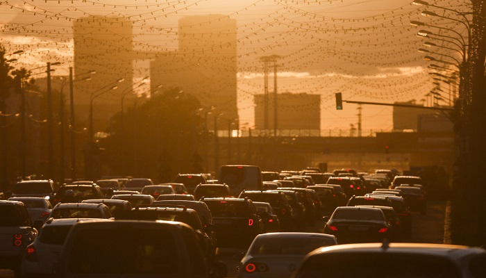 Cars are stuck in a traffic jam during sunset in Moscow. — Reuters/File