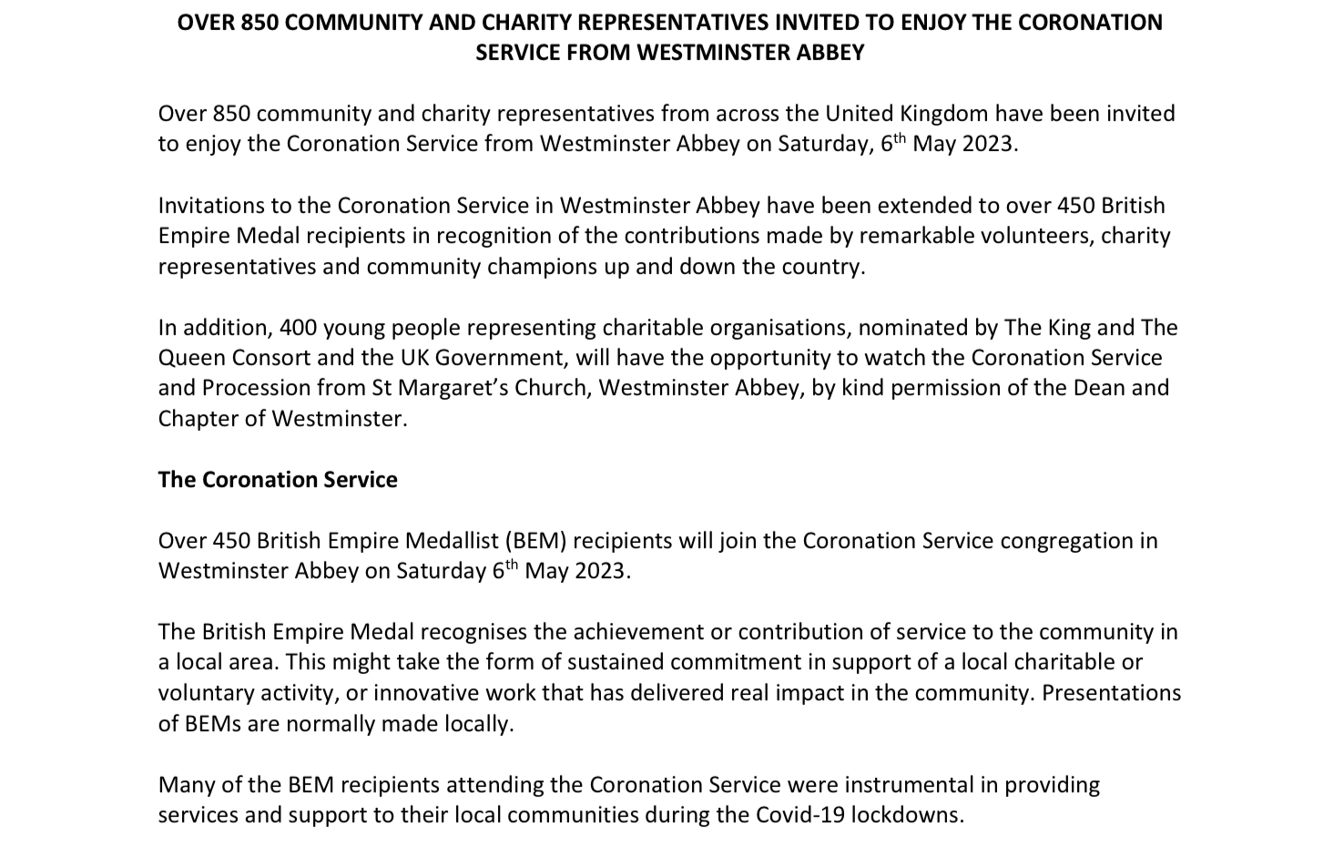 Palace sends coronation invitations to community and charity representatives