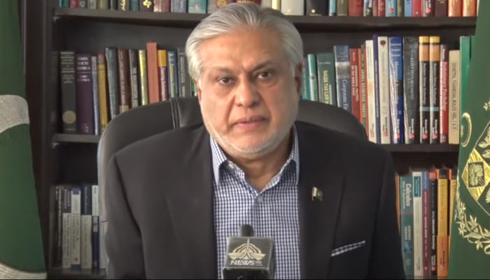Finance Minister Ishaq Dar addresses a press conference via video from Islamabad, on April 8, 2023, in this still taken from a video. — YouTube/PTVNews