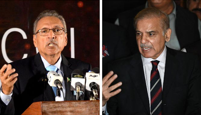 Prime Minister Shehbaz Sharif speaks in Islamabad on April 7, 2022 (right) and President Dr Arif Alvi addressing an event in Karachi, on March 26, 2022. — AFP/APP