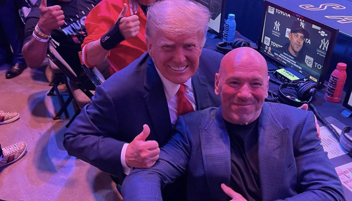 Former president Donald Trump on Saturday night at Ultimate Fighting Championship (UFC) 287 with UFC President Dana White. — Twitter/@shaneyyricch