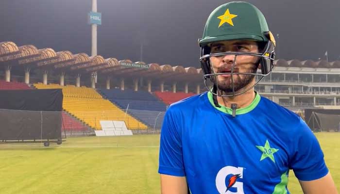 Pakistans speedster Shaheen Shah Afridi dressed in batting gear. — Twitter video screengrab