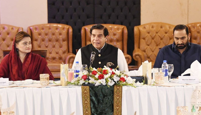 National Assembly Speaker Raja Pervez Ashraf briefs about activities and events to be organised for Golden Jubilee Celebration of the Constitution at Parliament House on April 7, 2023. — Twitter/@NAofPakistan