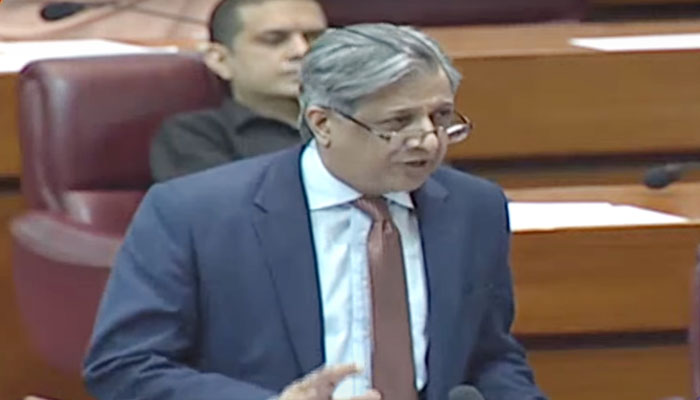 Law Minister Azam Nazeer Tarar addresses the joint session of parliament on April 10, 2023, in this still. YouTube/ PTV News.