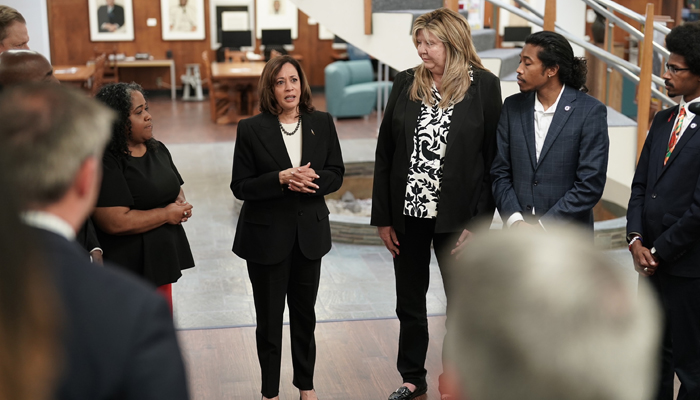 (From centre to right) US Vice President Kamala Harris while talking to, Representative Gloria Johnson, Justin Jones and Justin Pearson and others in Nashville on April 8, 2023. — Twitter/VP