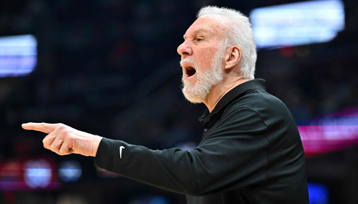 Head coach Gregg Popovich of the San Antonio Spurs yells to his players during the second quarter against the Cleveland Cavaliers at Rocket Mortgage Fieldhouse on February 13, 2023, in Cleveland, Ohio. — AFP