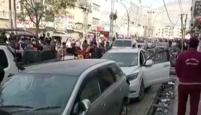 Rescue workers are gathered at site of blast in Quetta on April 10, 2023, in this still taken from a video. — YouTube/Geo News