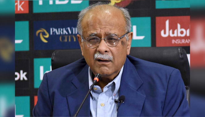 Najam Sethi during a press conference at Gaddafi Stadium on March 18, 2023. — AFP