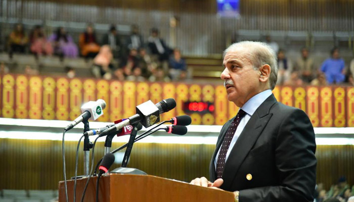 Prime Minister Shehbaz Sharif addresses a Convention to mark to Golden Jubilee of the 1973 Constitution. —Twitter/@GovtofPakistan