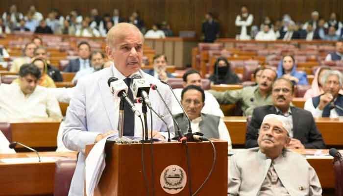 Prime minister Shehbaz Sharif speaks after winning a parliamentary vote to elect a new prime minister, at the national assembly, in Islamabad, Pakistan April 11, 2022. — Reuters