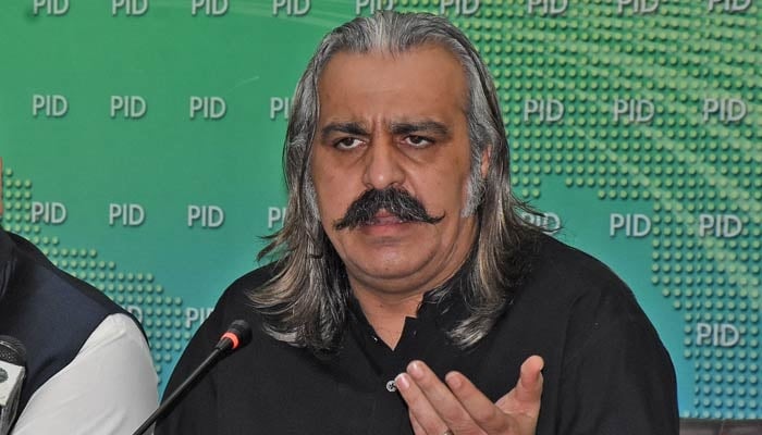 Ali Amin Gandapur addresses a press conference at Press Information Department in Islamabad on July 26, 2021. — ONLINE