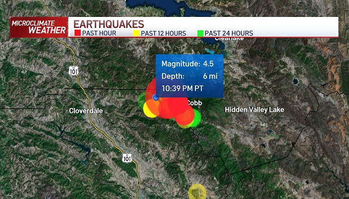 A map shows the cluster of earthquakes around Cobb, California. — United States Geological Survey/Twitter