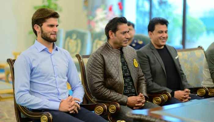 An undated image of Pakistan pacer Shaheen Shah Afridi (L) and former Test cricketer Aaqib Javed (R). — PM House/File