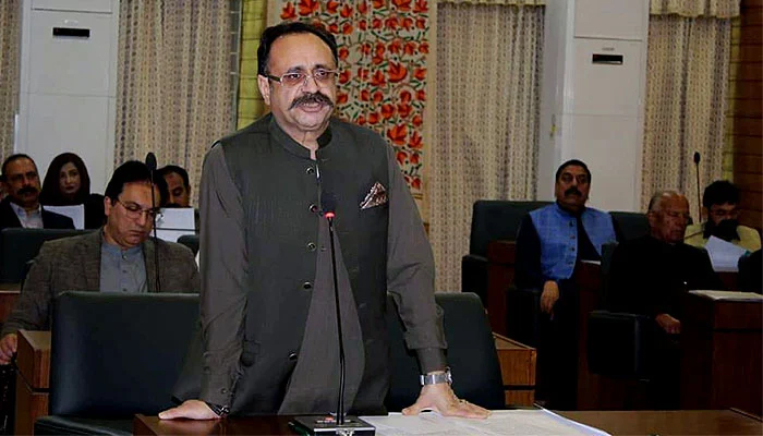 Sardar Tanveer Ilyas addresses the Azad Jammu and Kashmir Legislative Assembly. — Twitter/PMOAJK