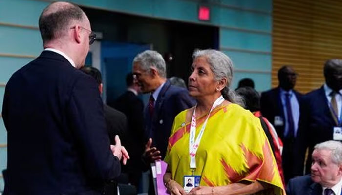 India’s Finance Minister Nirmala Sitharaman speaks with Germany’s Parliamentary State Secretary Niels Annen before the start of a plenary session of the Development Committee at the World Bank during the 2023 Spring Meetings in Washington, U.S., April 12, 2023. —Reuters