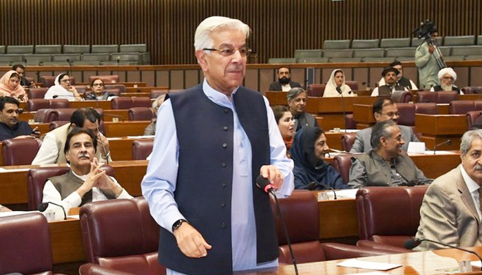 Federal Minister for Defence Khawaja Asif addresses the National Assembly on April 14, 2023. — Twitter/NAofPakistan