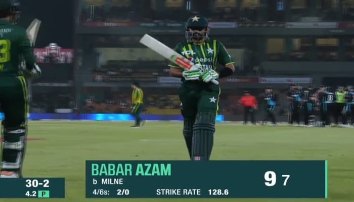 Pakistan skipper Babar Azam walks back to the pavilion after his dismissal during the Pak vs NZ match in Lahore on April 14, 2023. — Twiter/AahilShaikh56