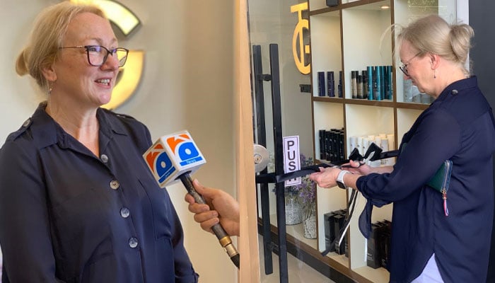 Deputy British High Commissioner Sarah Mooney talking to Geo News (L) and cutting the ribbon at the inauguration ceremony of Tony&Guy Tipu Sultan Road Karachi(R) on April 15, 2023. — Photo by reporter