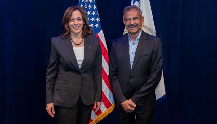 Pakistani-American Democrat Dr Asif Mahmood (right) meets US Vice President Kamala Harris in this undated photo in California, United States. — Photo by author