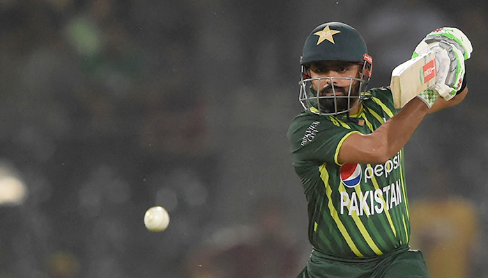 Pakistans captain Babar Azam plays a shot during the second T20 cricket match between Pakistan and New Zealand at the Gaddafi Cricket Stadium in Lahore, on April 15, 2023. — AFP