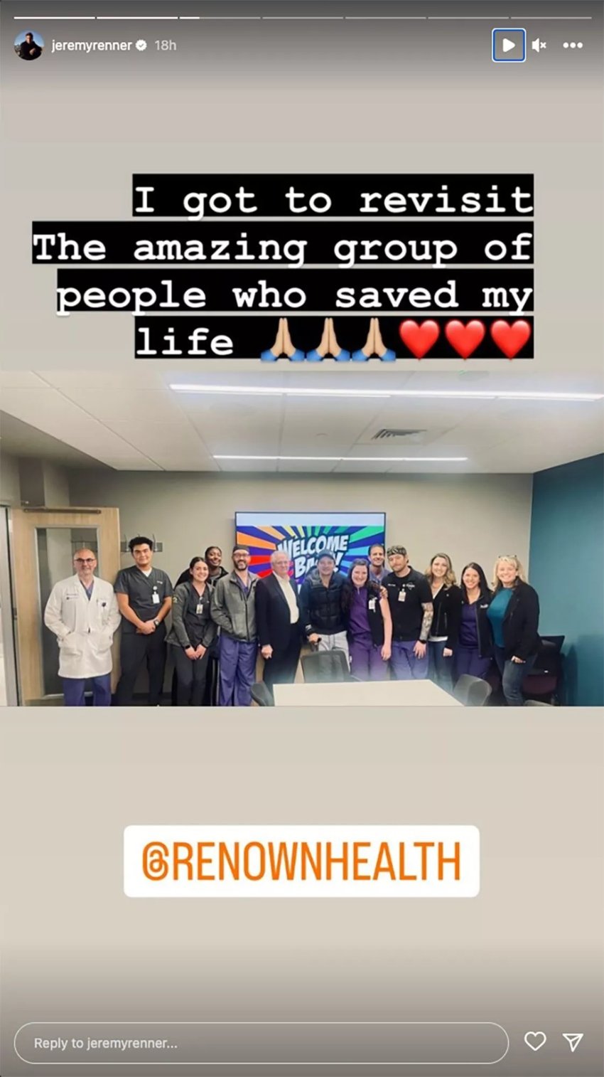 Jeremy Renner visits amazing hospital staff after snow plow accident