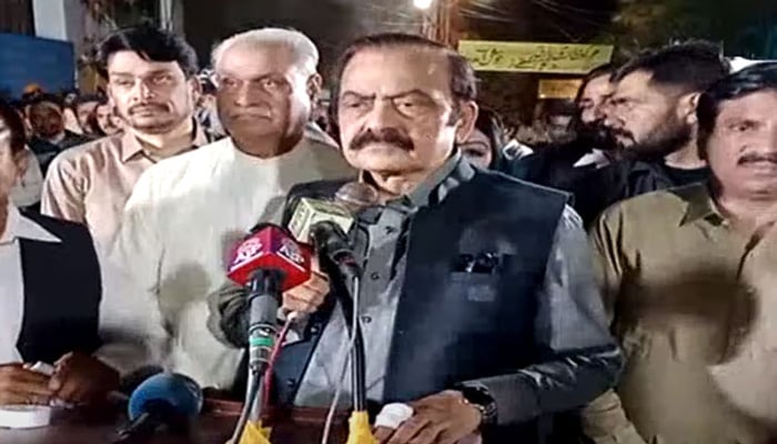 Interior Minister Rana Sanaullah addresses the media in Faisalabad on Sunday. — Radio Pakistan