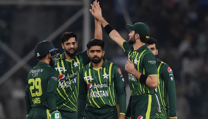 Pakistans cricketers celebrate the dismissal of New Zealands Chad Bowes (not pictured) during the second T20 cricket match between Pakistan and New Zealand at the Gaddafi Cricket Stadium in Lahore on April 15, 2023. — AFP