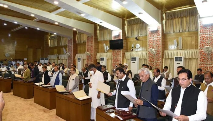 The newly-elected members of the Azad Jammu and Kashmir (AJK) Legislative Assembly under taking oath under chair of outgoing speaker Shah Ghulam Qadir in Muzaffarabad, on August 3, 2021. — Twitter/GovtofAJK
