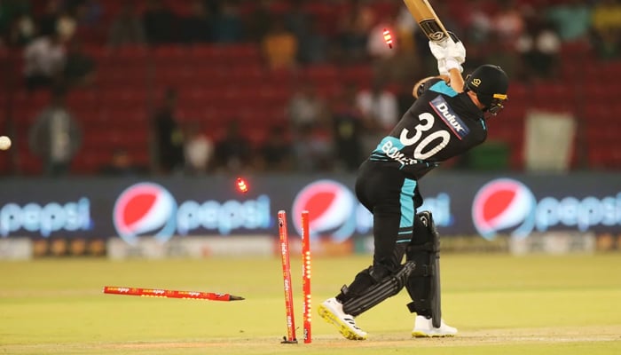 Chad Bowes has his stumps destroyed during the third T20I between Pakistan and New Zealand. — PCB