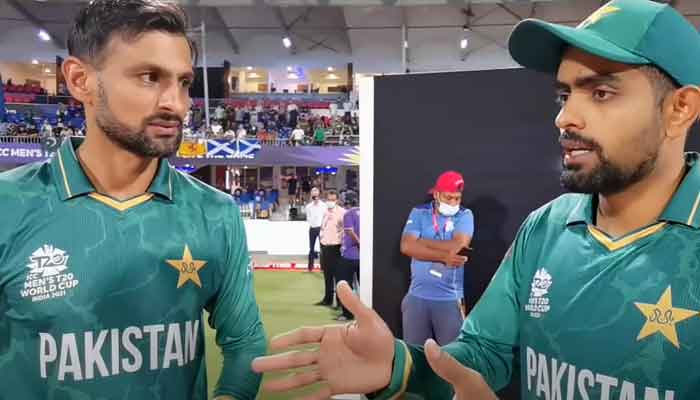 Pakistan cricketer Shoaib Malik (L) and skipper Babar Azam (R) speaking during an interview onNov 7, 2021. — YouTube screengrab/Pakistan Cricket