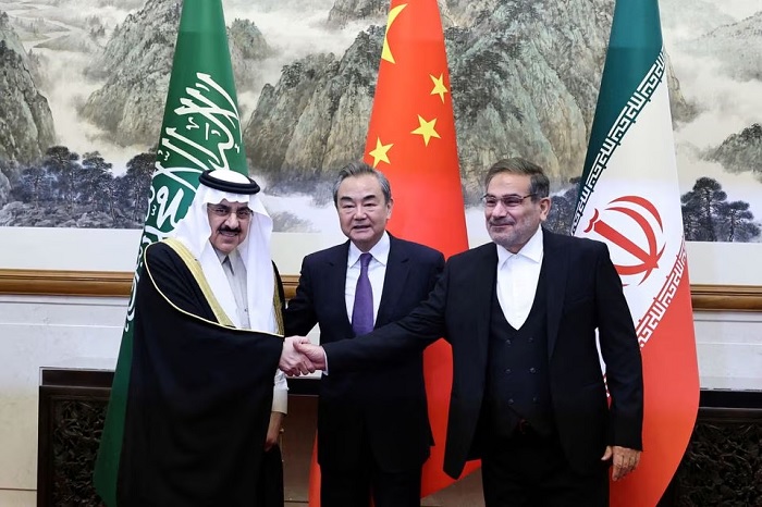 Wang Yi, a member of the Political Bureau of the Communist Party of China (CPC) Central Committee and director of the Office of the Central Foreign Affairs Commission, Ali Shamkhani, the secretary of Iran’s Supreme National Security Council, and Minister of State and national security adviser of Saudi Arabia Musaad bin Mohammed Al Aiban pose for pictures during a meeting in Beijing, China March 10, 2023. — Reuters